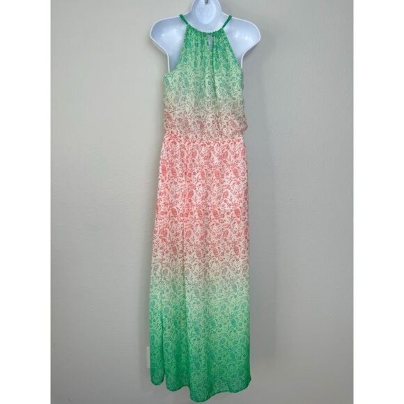 Old Navy Green and Pink blouson Tiered Maxi Dress sleeveless holiday S - Picture 6 of 11
